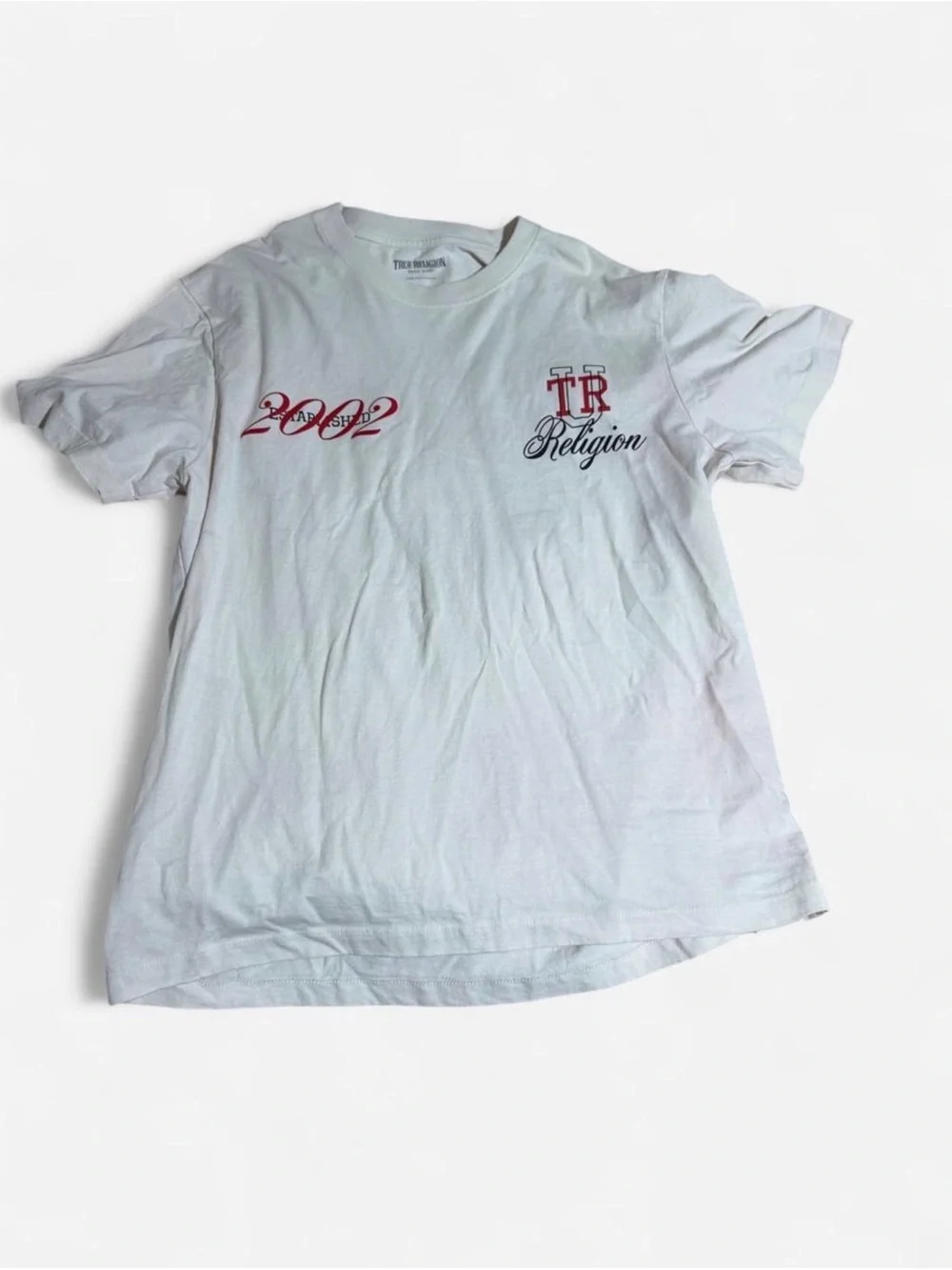 True Religion White Tee with Red Script Accents